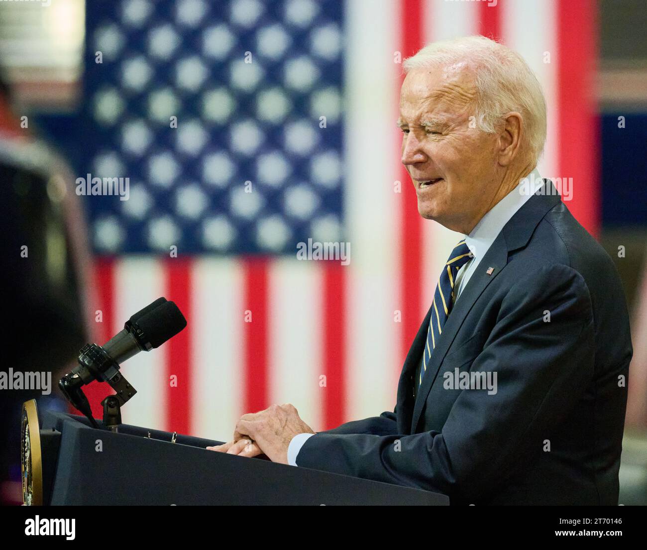 BEAR, DE, USA - NOVEMBER 06, 2023: President Joe Biden delivers remarks at the Amtrak Maintenance Facility in Bear, DE, United States. Stock Photo