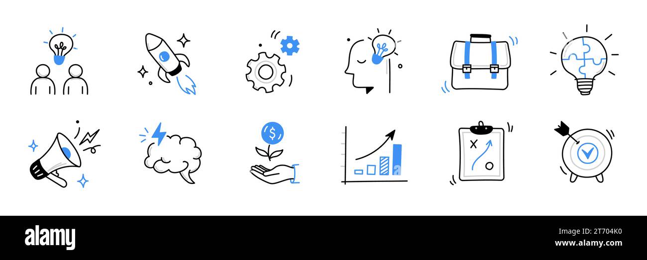 Business idea, startup doodle line icon set. Hand drawn doodle sketch ...