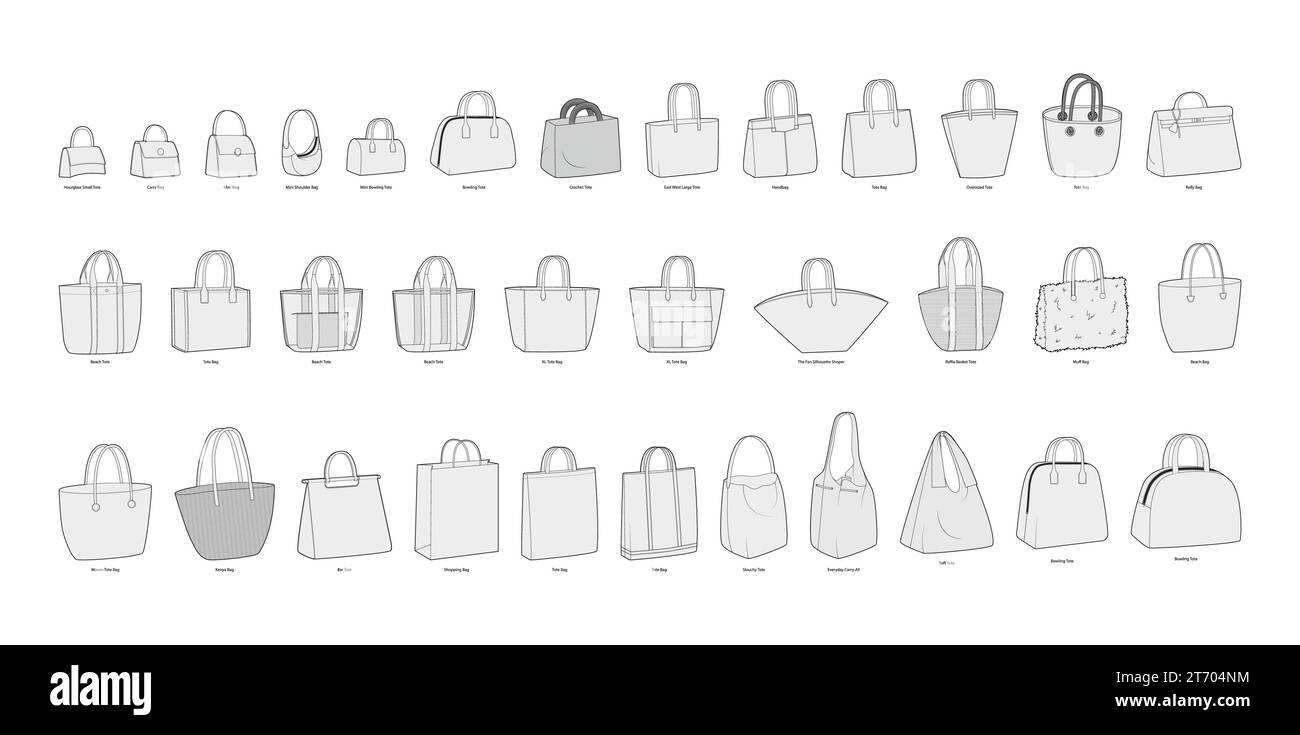 Set of Tote Bags silhouette. Fashion accessory technical illustration. Vector satchel front 3-4 view for Men, women, unisex style, flat handbag CAD mockup sketch outline isolated Stock Vector