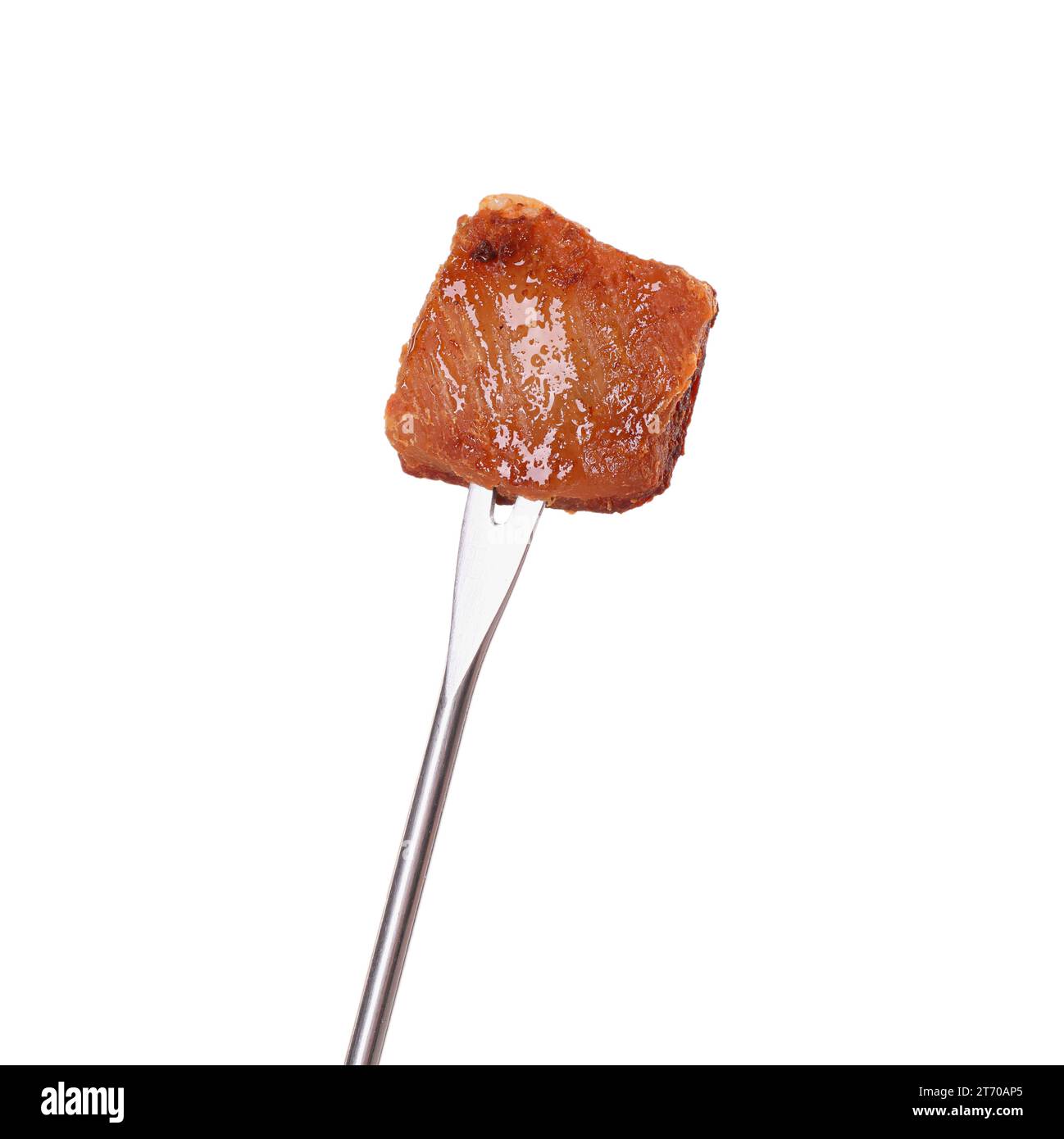 Fondue fork with piece of fried meat isolated on white Stock Photo Alamy