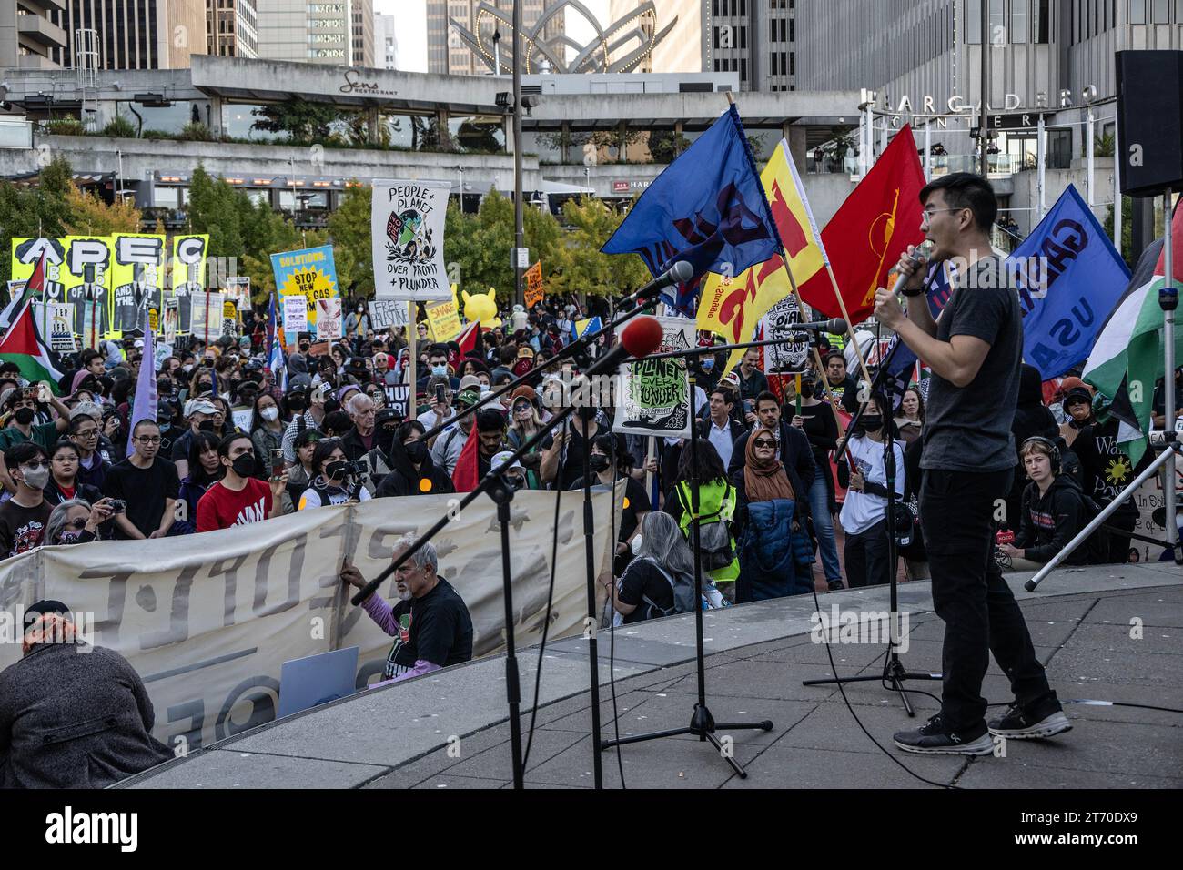 A warm-up demonstration and march for APEC is held in San Francisco on ...