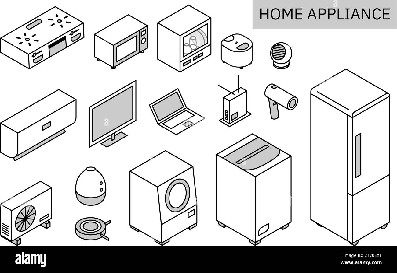 Illustration of appliances needed for new life, simple isometric, monochrome, Vector Illustration Stock Vector