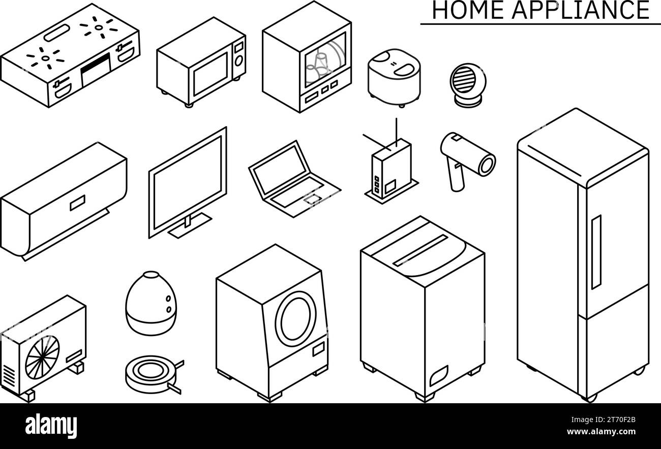 Illustration of appliances needed for new life, simple isometric, black and white, Vector Illustration Stock Vector