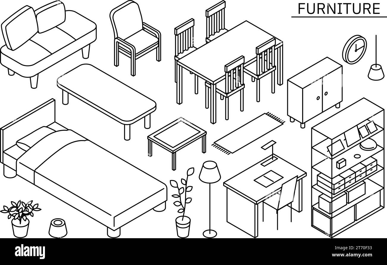 Illustration of furniture needed for new life, simple isometric, black and white, Vector Illustration Stock Vector