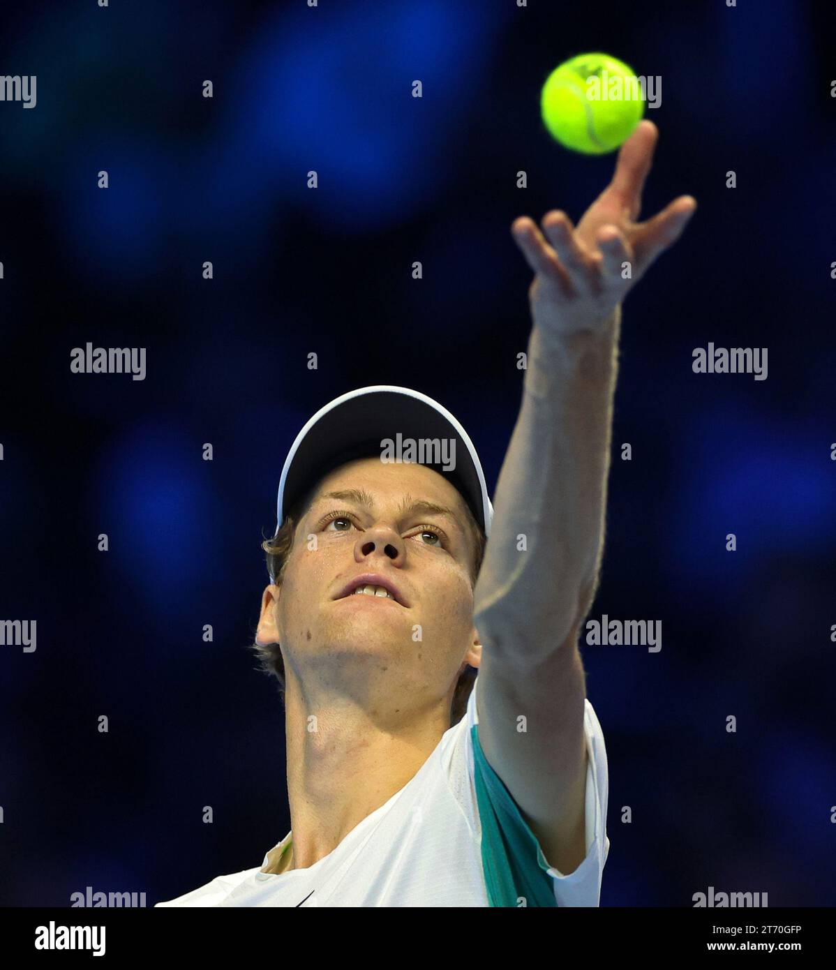 (231113) -- TURIN, Nov. 13, 2023 (Xinhua) -- Jannick Sinner serves during the group stage match between Jannick Sinner of Italy and Stefanos Tsitsipas of Greece at ATP Finals tennis tournament in Turin, Italy, on Nov. 12, 2023. (Photo by Federico Tardito/Xinhua) Stock Photo