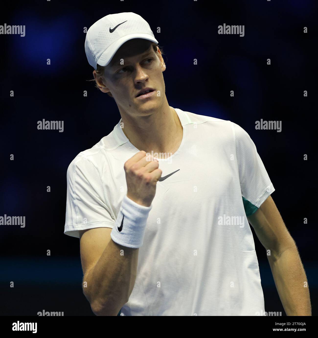 (231113) -- TURIN, Nov. 13, 2023 (Xinhua) -- Jannick Sinner reacts during the group stage match between Jannick Sinner of Italy and Stefanos Tsitsipas of Greece at ATP Finals tennis tournament in Turin, Italy, on Nov. 12, 2023. (Photo by Federico Tardito/Xinhua) Stock Photo