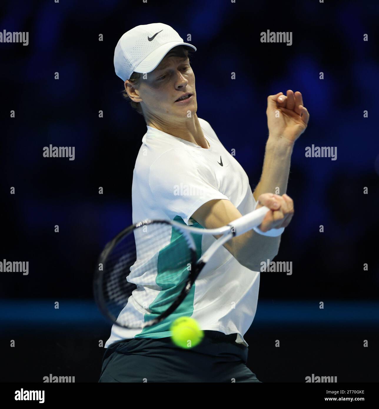 (231113) -- TURIN, Nov. 13, 2023 (Xinhua) -- Jannick Sinner hits a return during the group stage match between Jannick Sinner of Italy and Stefanos Tsitsipas of Greece at ATP Finals tennis tournament in Turin, Italy, on Nov. 12, 2023. (Photo by Federico Tardito/Xinhua) Stock Photo