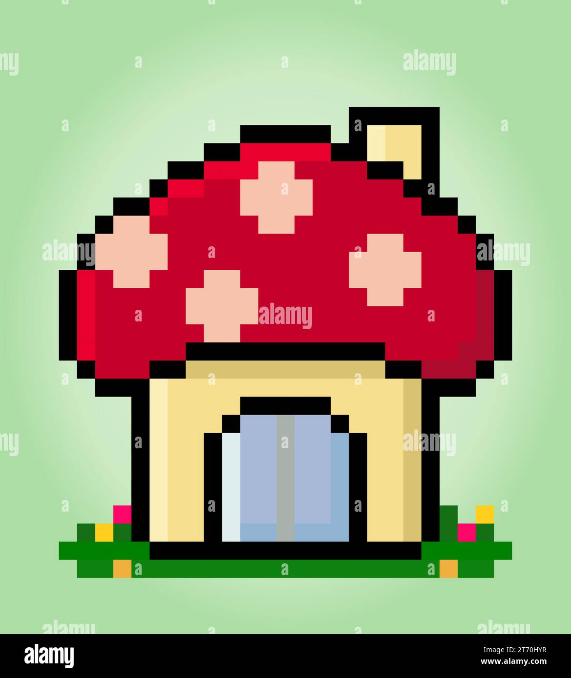 8 bit pixel mushroom house. Building for game assets and cross stitch patterns in vector illustrations. Stock Vector