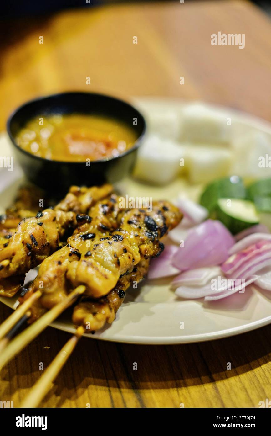 Chicken satay skewers with red onion, cucumber slices and rice cakes