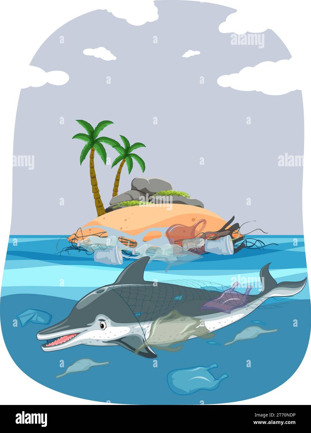 A dolphin navigating a sea polluted with plastic waste Stock Vector ...