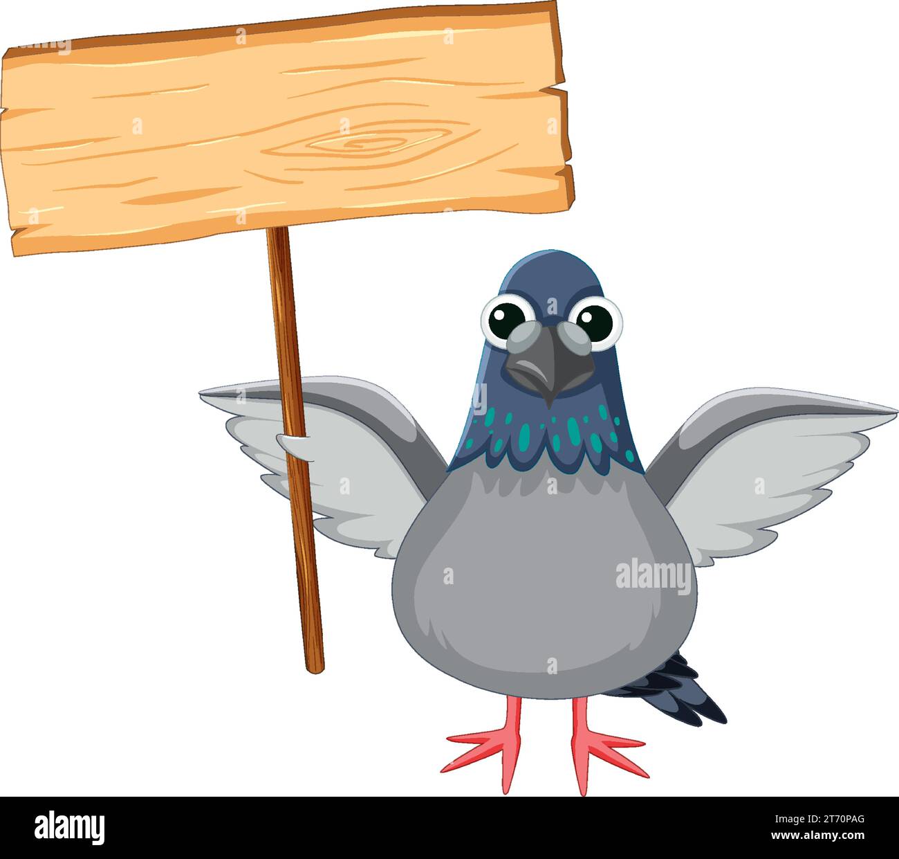 Adorable pigeon bird standing with a wooden banner Stock Vector
