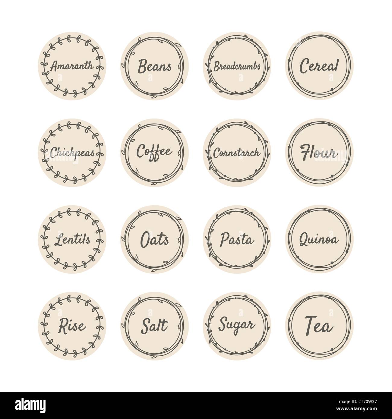 Legumes and pulses or cereal food label set for kitchen jars. Beans, Coffee and Pasta jar labels. Rice, Quinoa and Bread crumbs text in vintage frame. Stock Vector