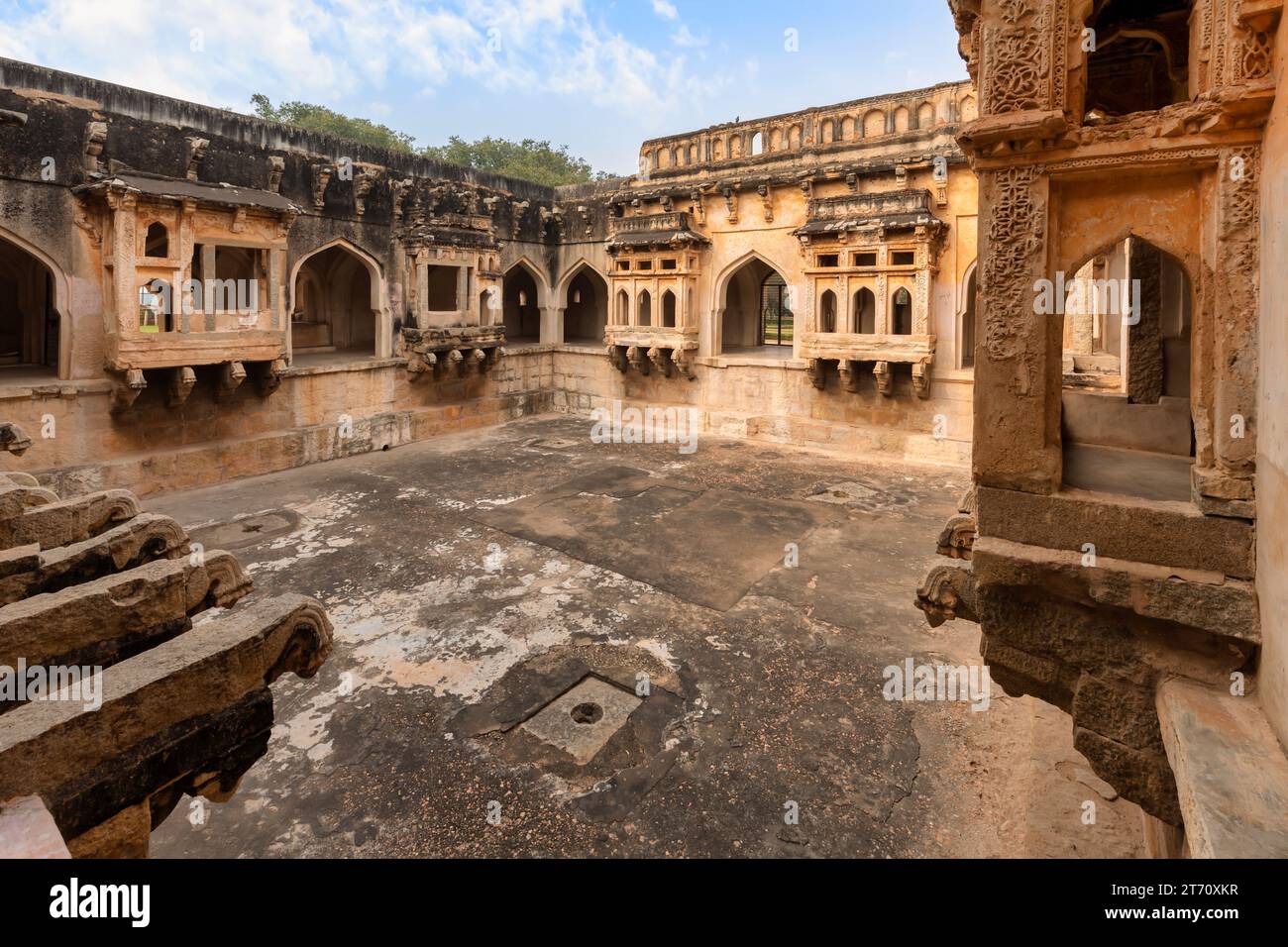 Ancient architecture ruins of Queen's bath in the medieval royal enclave at Hampi, Karnataka India Stock Photo