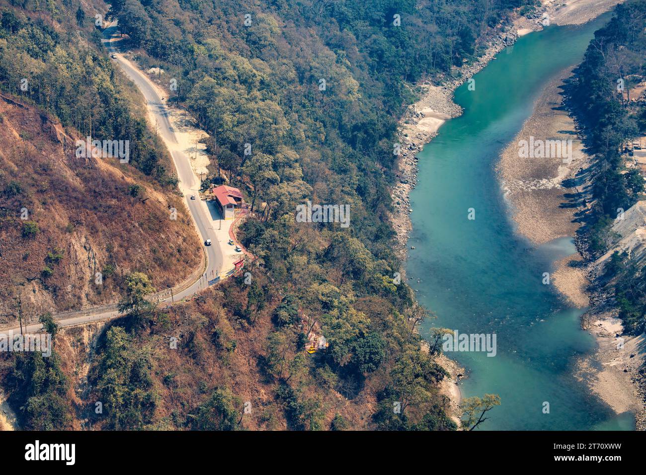 Aerial view of Teesta river valley with adjacent National Highway road at Darjeeling district of India Stock Photo