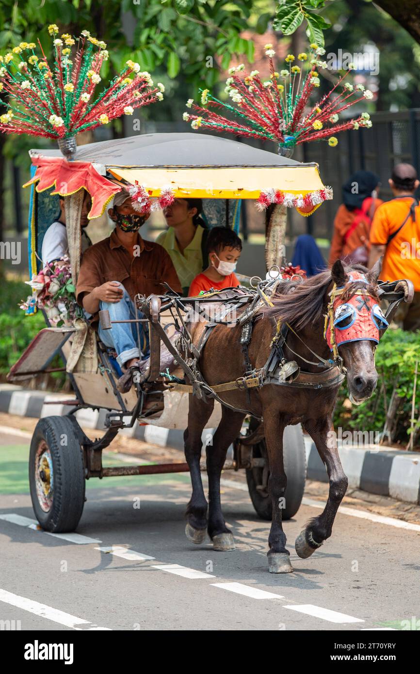 Jakarta, Indonesia - November 11, 2023: Unidentified people riding a horse-drawn carriage on the streets of Jakarta, Indonesia. Stock Photo