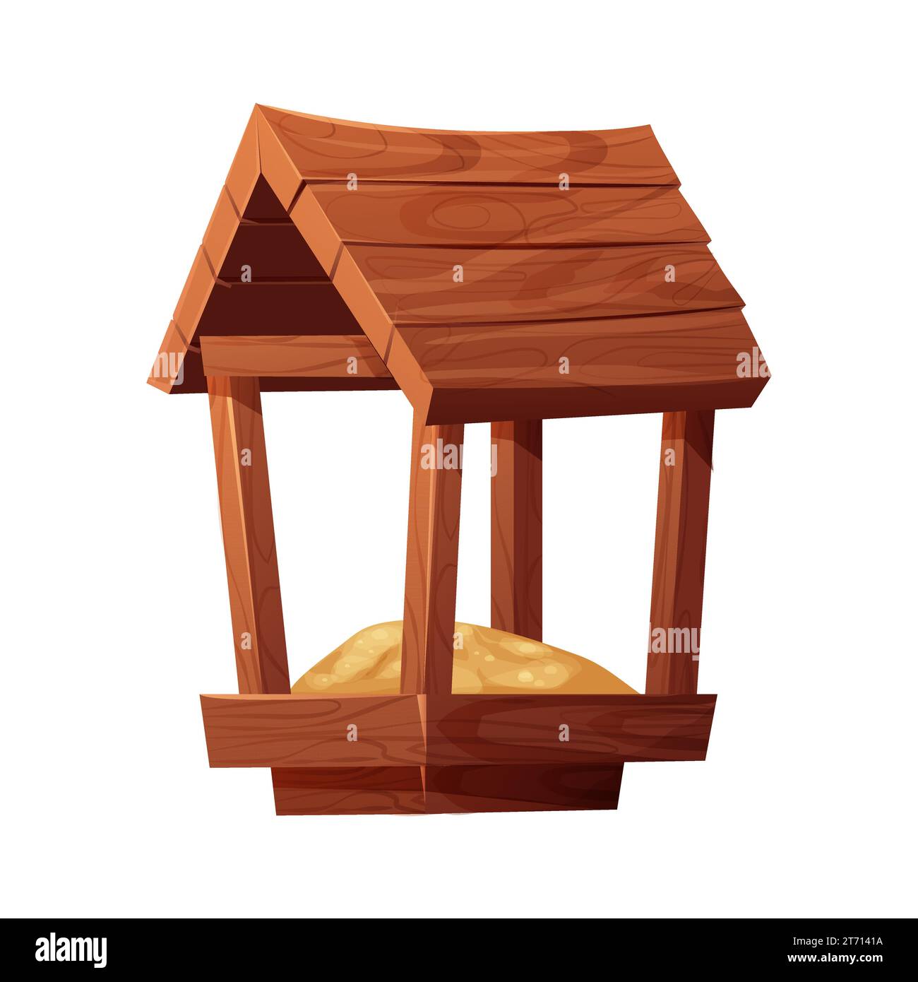 Wooden bird feeder with roof and seeds inside in cartoon style isolated