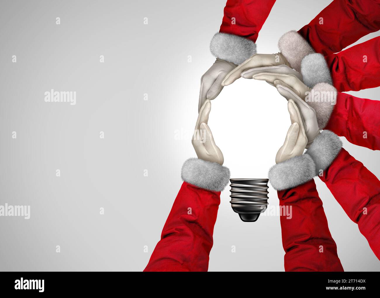 Christmas Ideas as a group of Santa Claus people joining hands together into the shape of an inspirational light bulb as a New Year winter holiday com Stock Photo