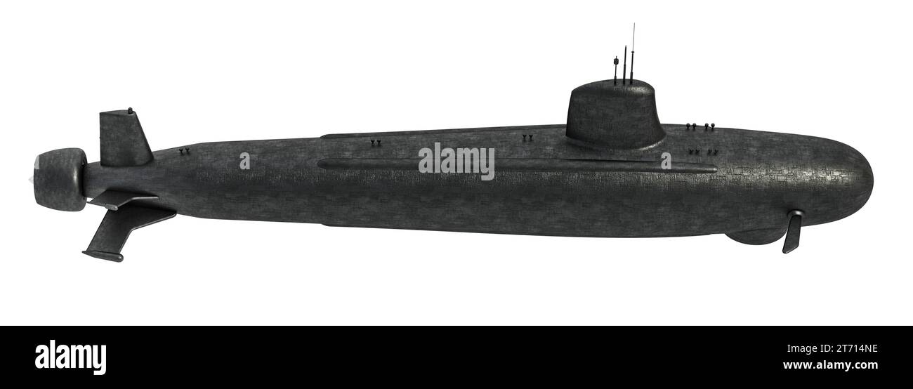 Military submarine isolated on white background. 3D illustration. Stock Photo