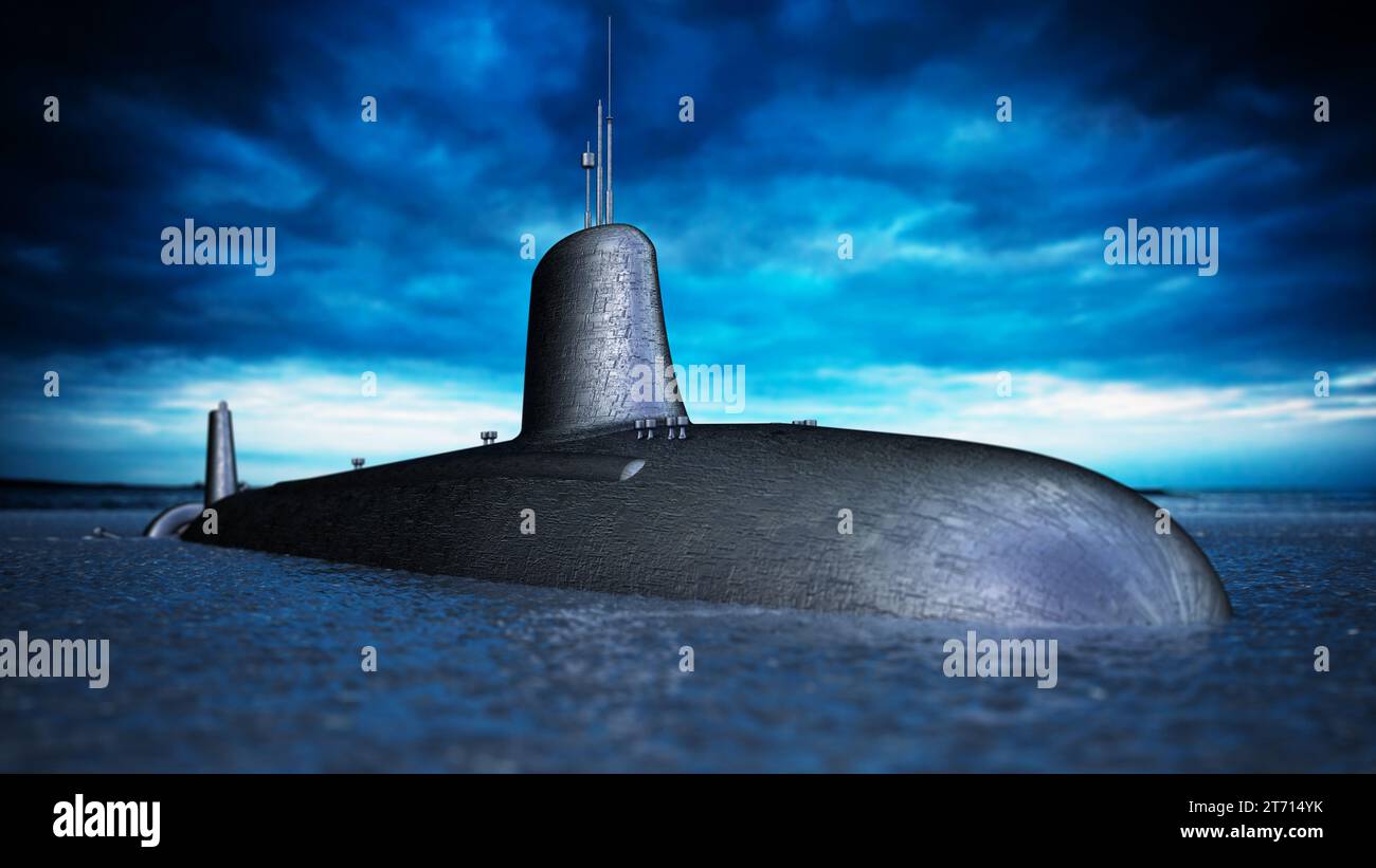 Military submarine on the sea surface . 3D illustration. Stock Photo