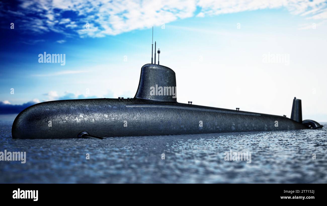 Military submarine on the sea surface . 3D illustration. Stock Photo
