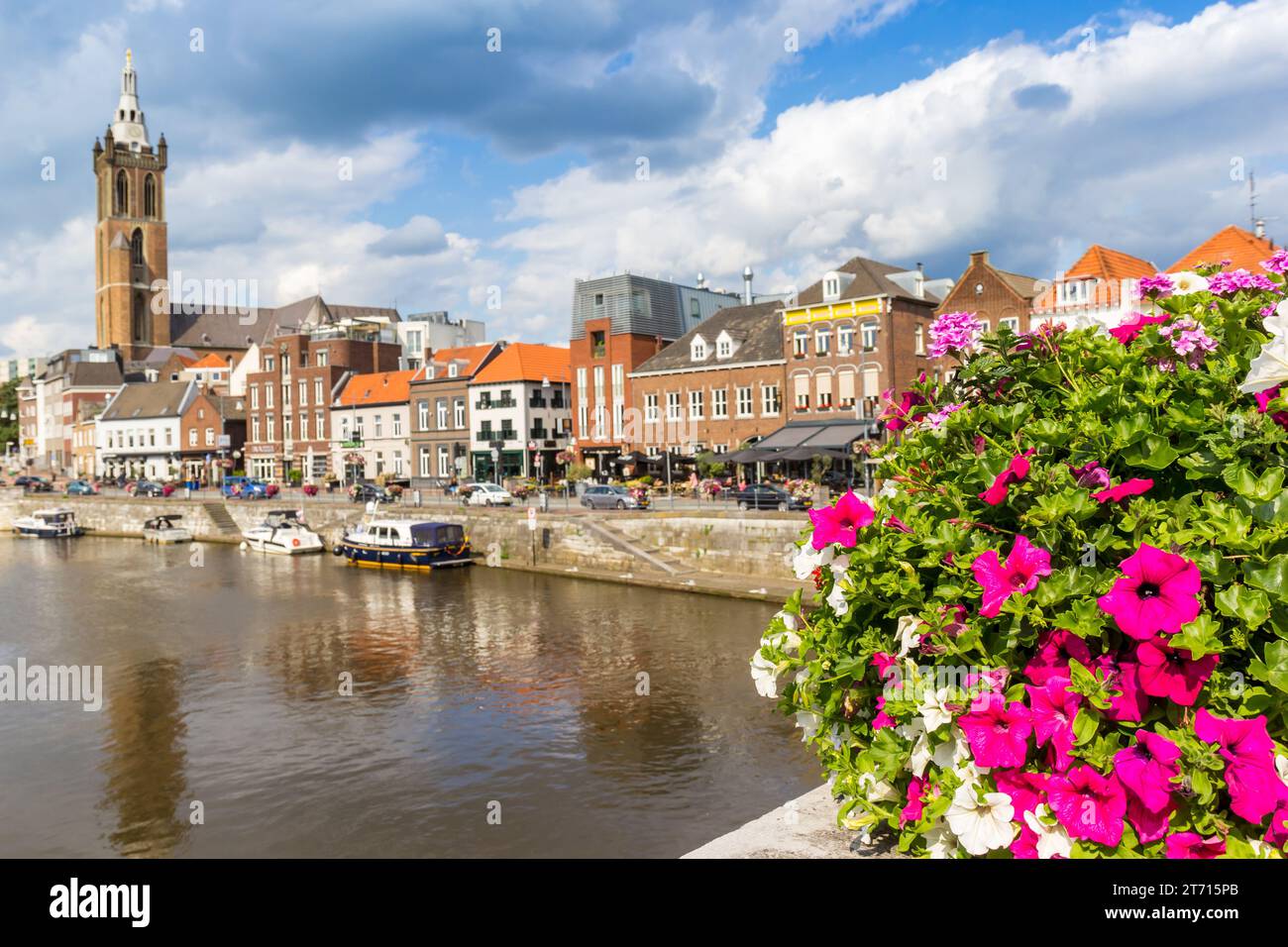 Colorful flowers on the historic bridge in Roermond, Netherlands Stock Photo
