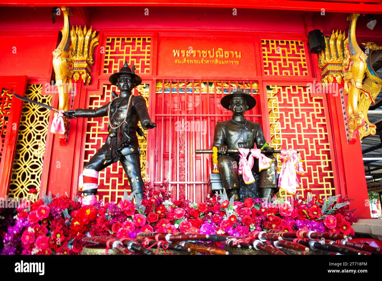 Ancient King Taksin great monument statues for thai people travel visit respect praying blessing wish holy mystery worship at Wat Bot Luang Pu Tian te Stock Photo