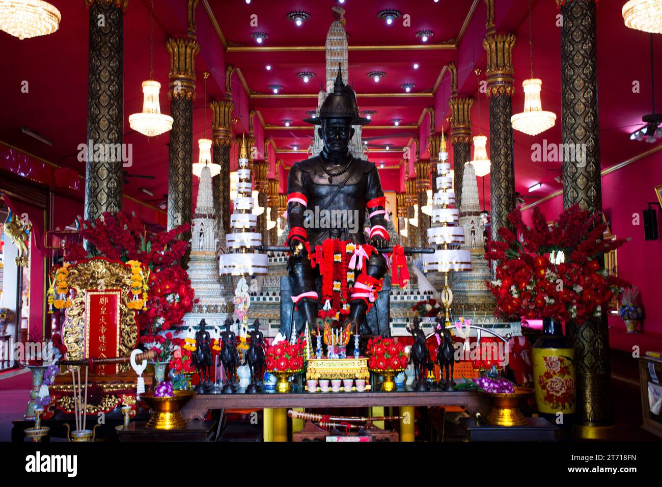 Ancient King Taksin great monument statues for thai people travel visit respect praying blessing wish holy mystery worship at Wat Bot Luang Pu Tian te Stock Photo