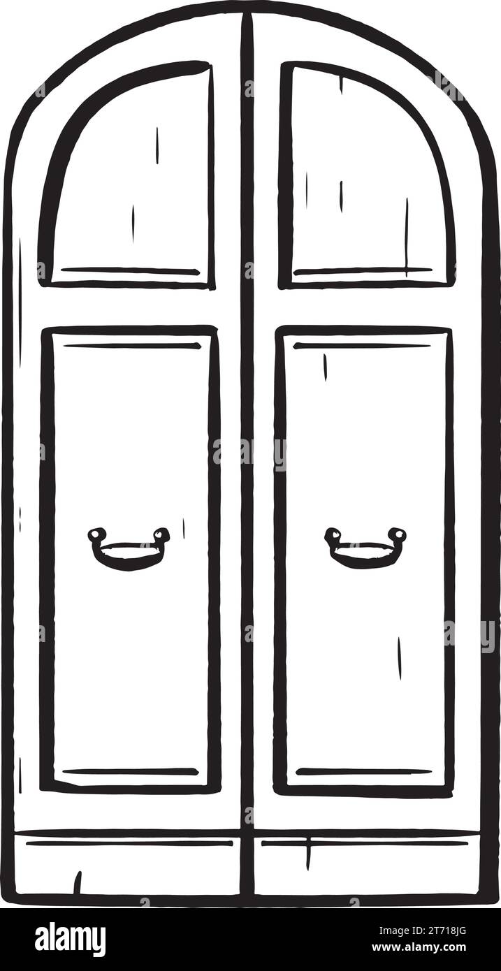 Hand-drawn ink vector. Italian wooden door with elegant wrought iron handles. Facade ornamentation. Closed entrance. Double oak doors. for logos Stock Vector