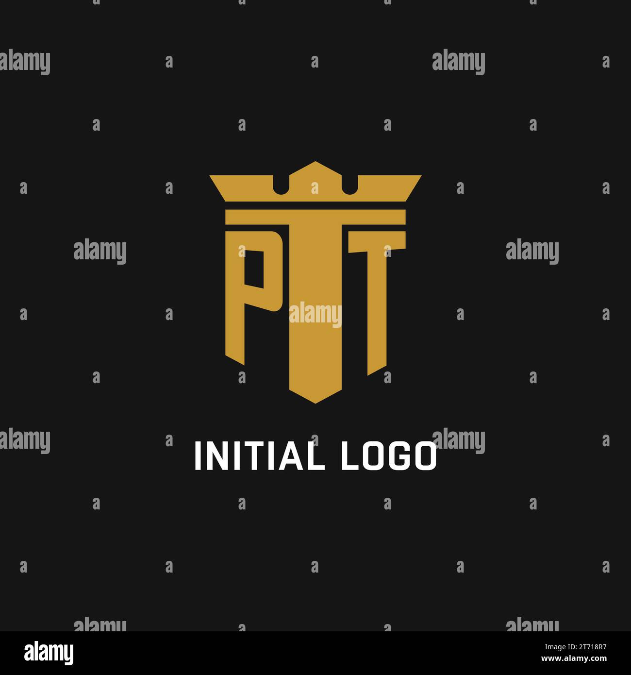 PT initial logo with shield and crown style design ideas Stock Vector