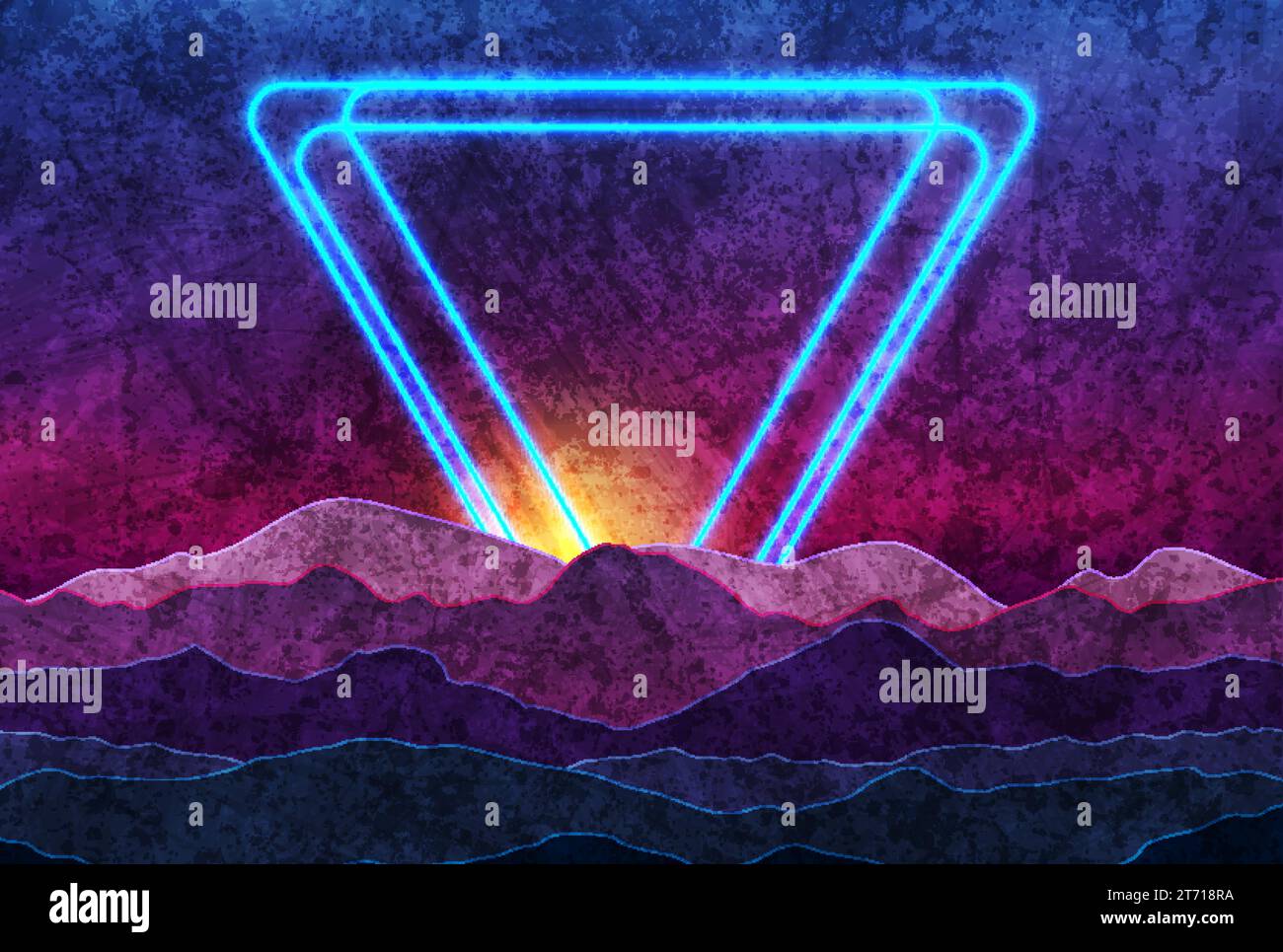 Retro nature abstract background witn neon triangles and night mountains. Grunge vector graphic design Stock Vector
