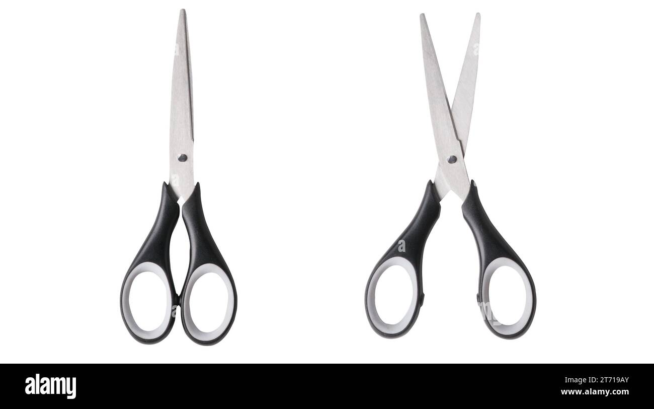 Top view of open and closed scissors on white background. Real photography of office scissors