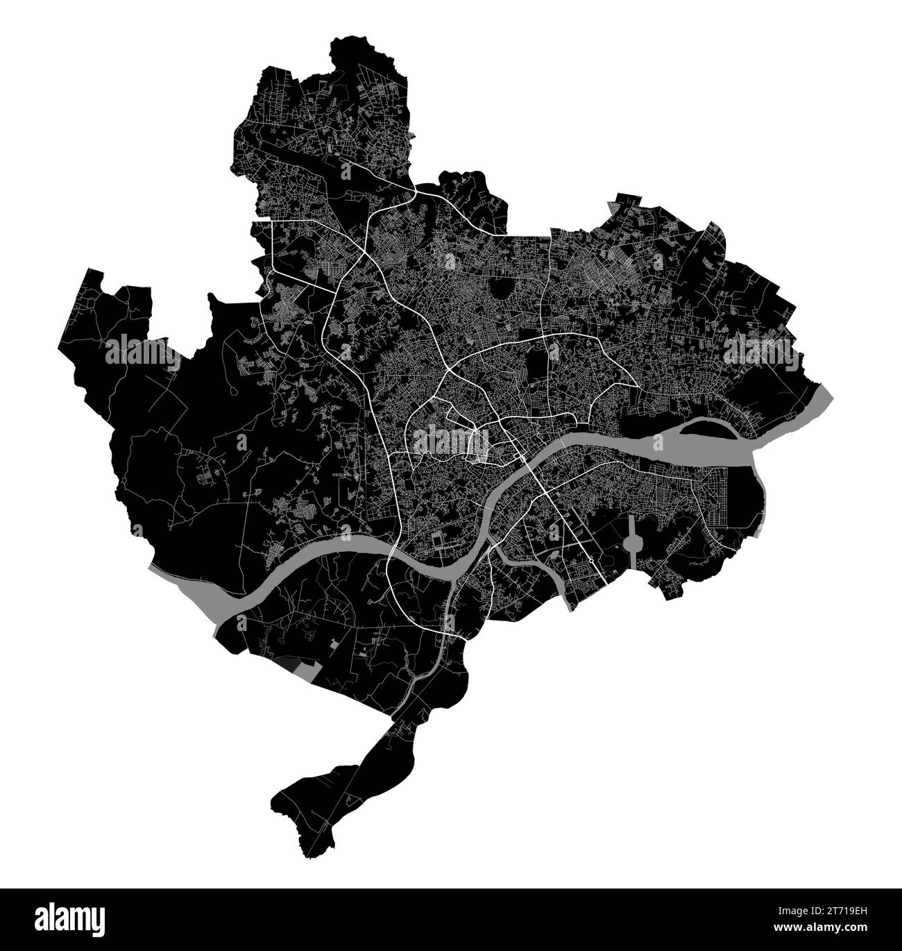 Palembang map. Detailed black map of Palembang city administrative area. Cityscape poster metropolitan aria view. Black land with white roads and aven Stock Vector