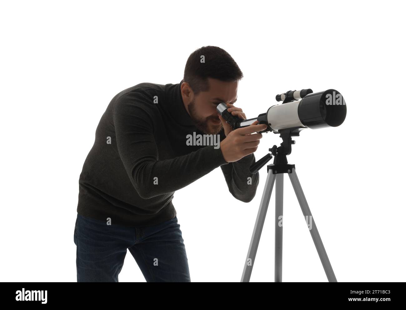 Astronomer looking at stars through telescope on white background Stock