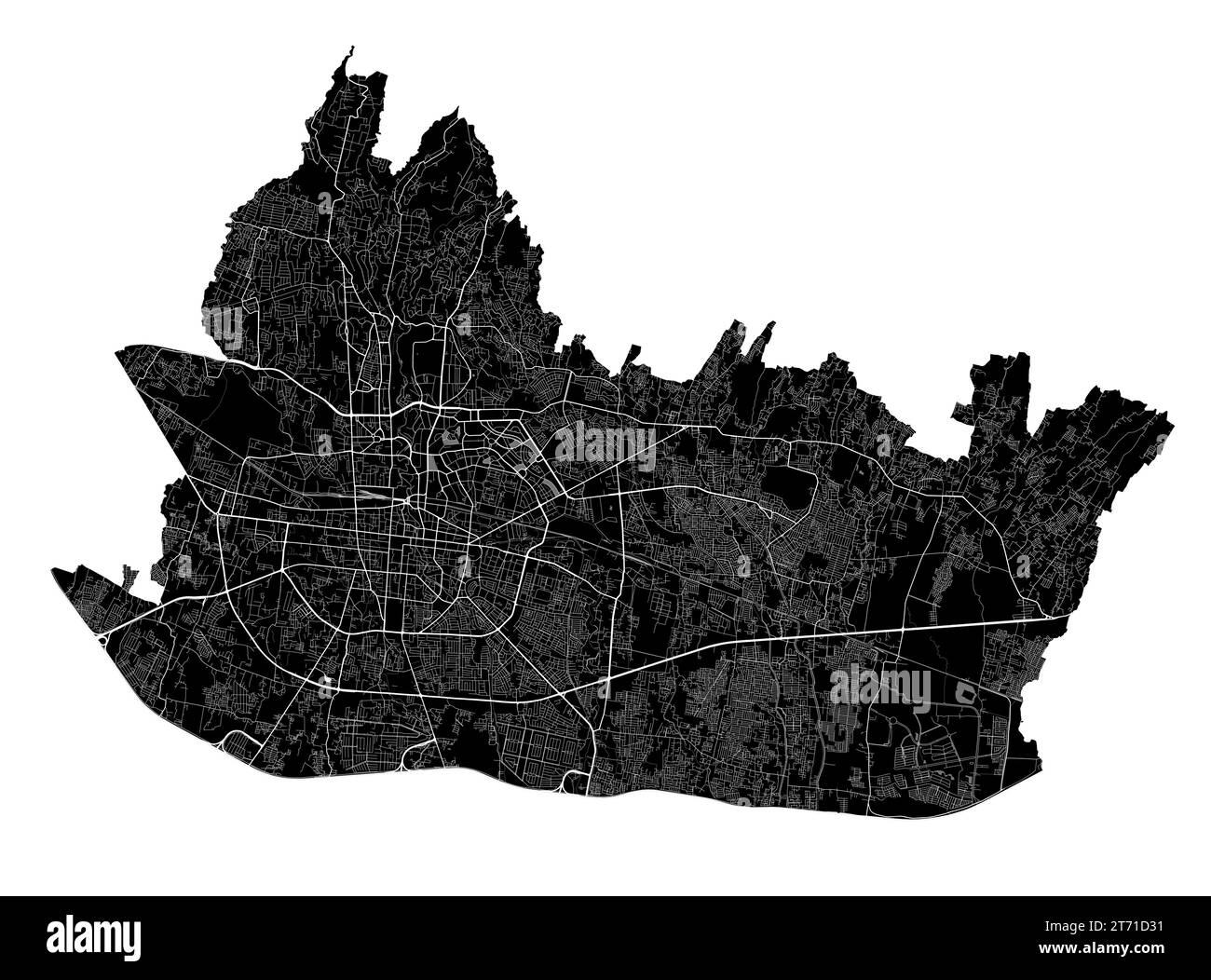 Bandung map. Detailed black map of Bandung city administrative area. Cityscape poster metropolitan aria view. Black land with white roads and avenues. Stock Vector