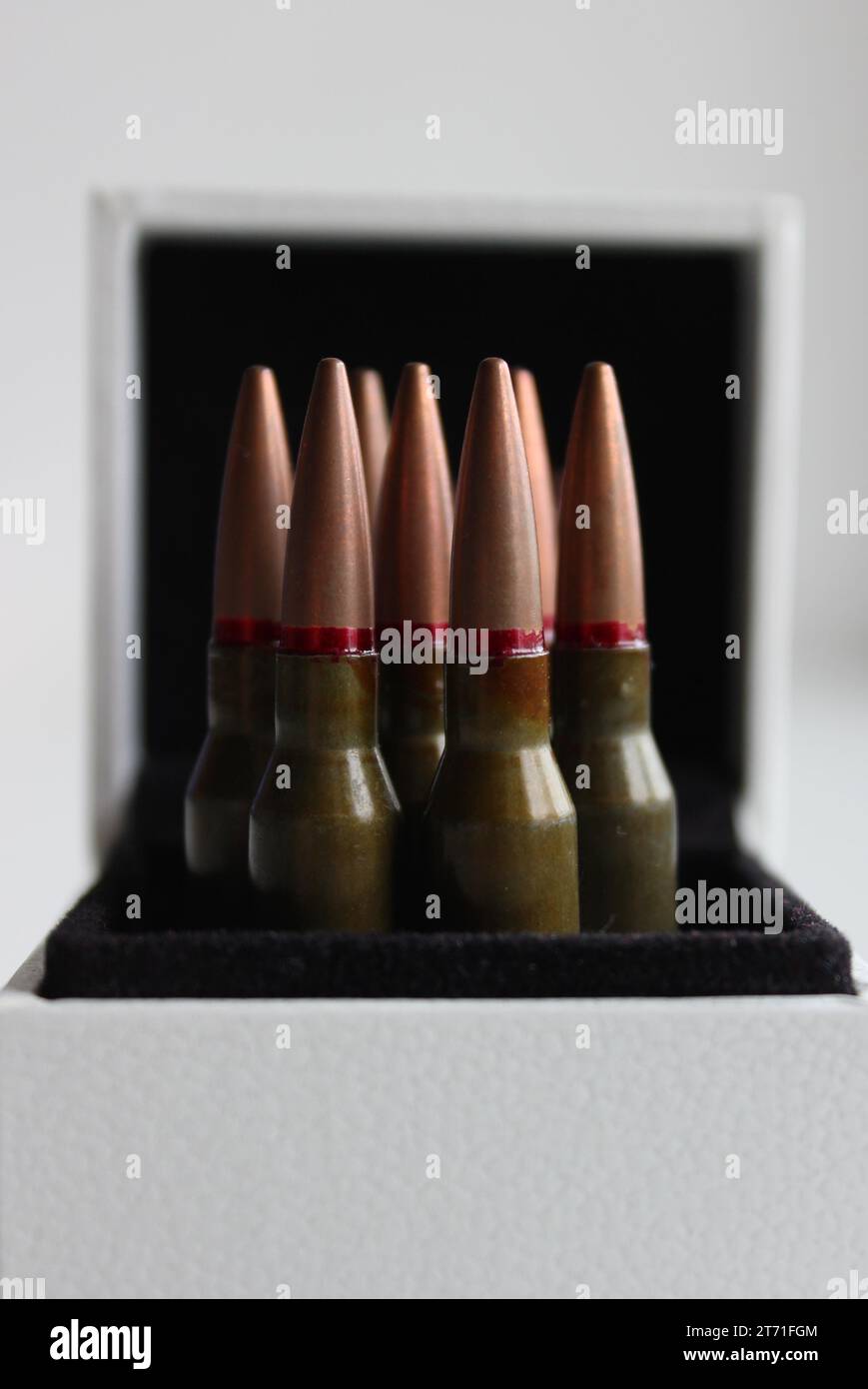 Live ammunition stand in battle order in white box closeup stock photo Stock Photo