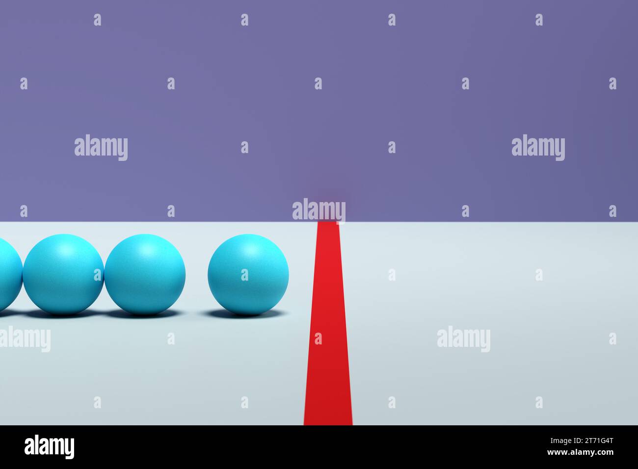 Leadership, rules or crossing the lines concepts. A row of blue balls at the edge of a red line. 3D render. Stock Photo