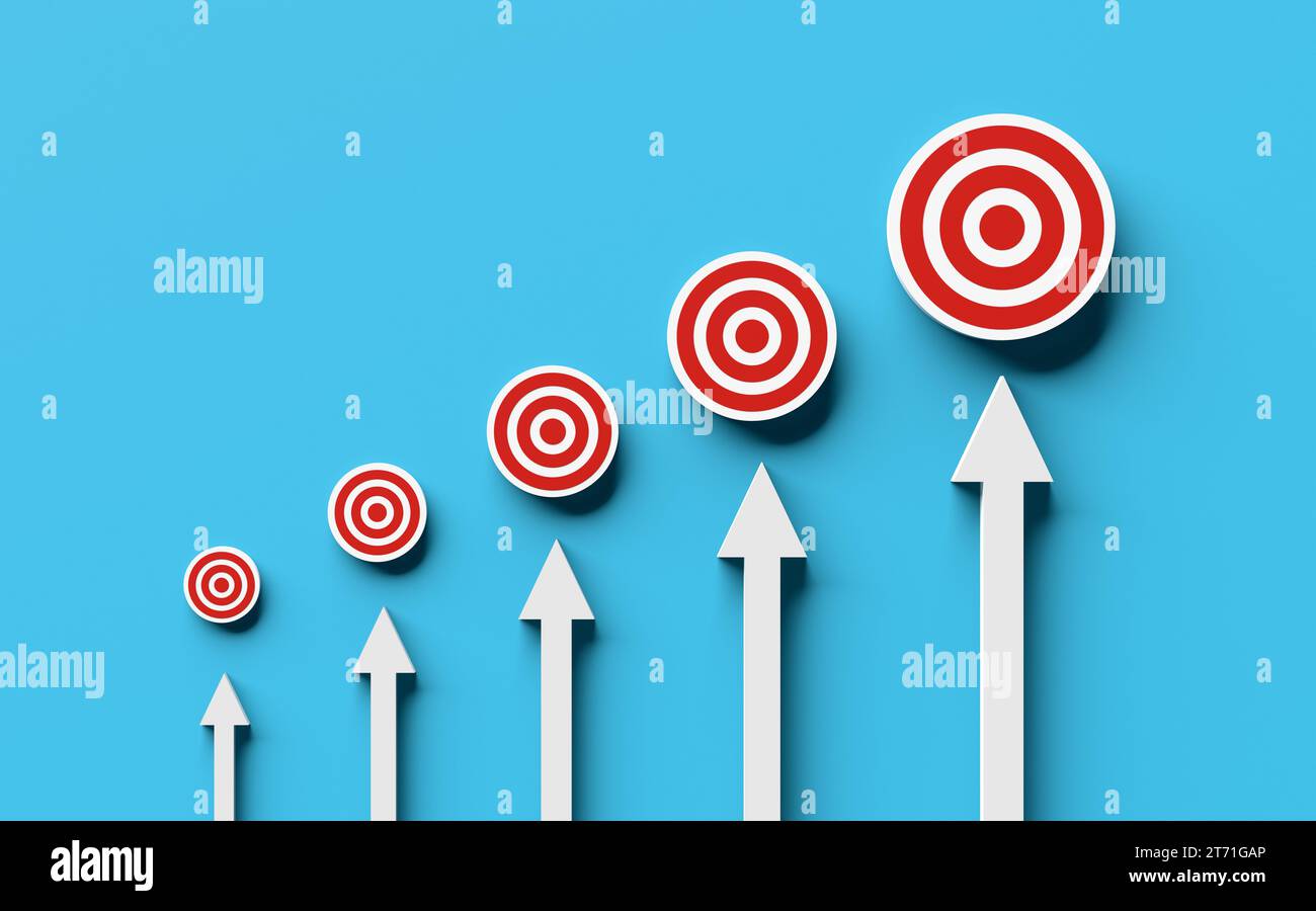 Target goal development, business growth, success and achievement concept. Arrows pointing