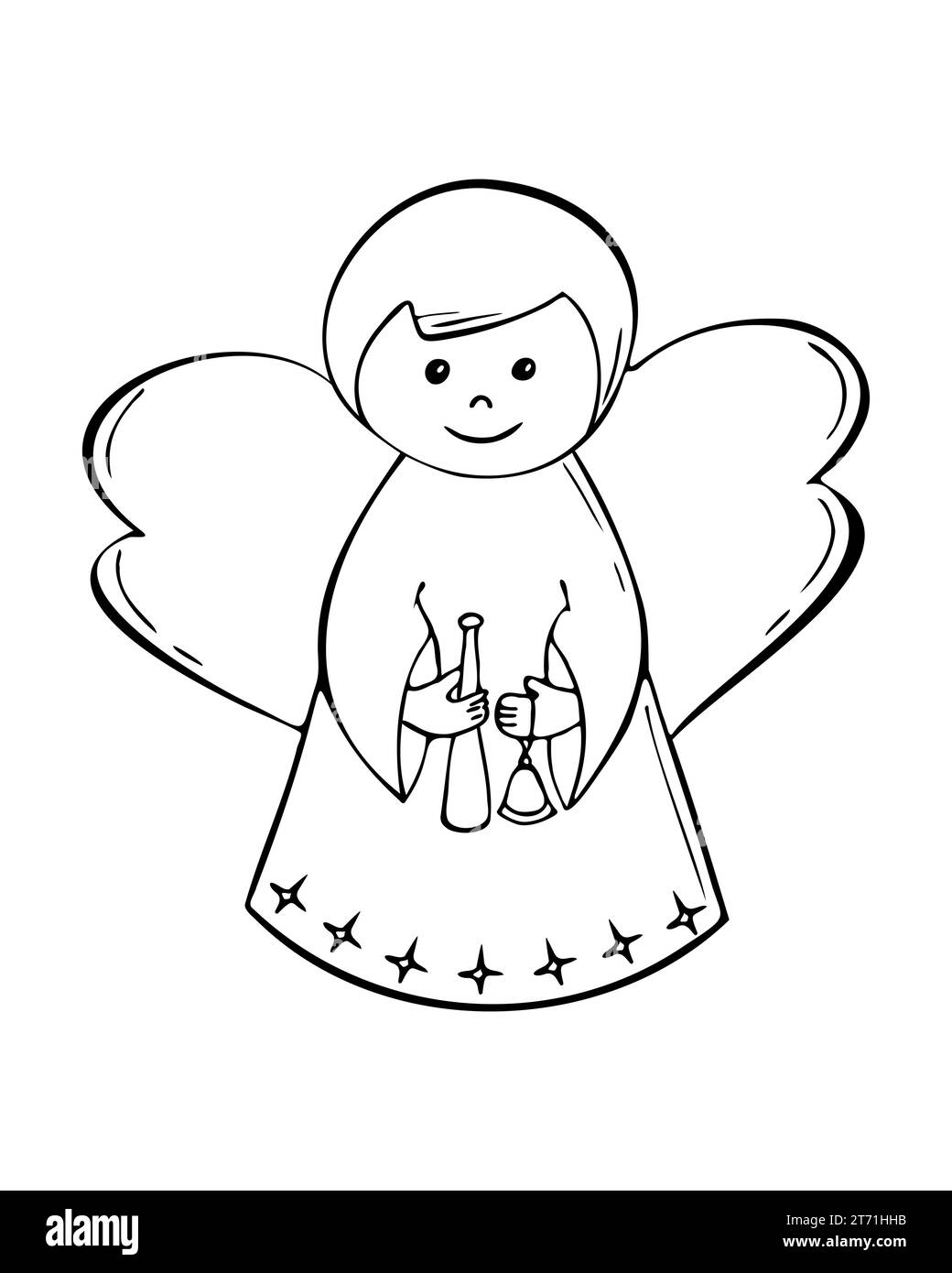 Christmas angel hand drawn contour drawing of child with bell and pipe in his hands. Vector illustration Stock Vector