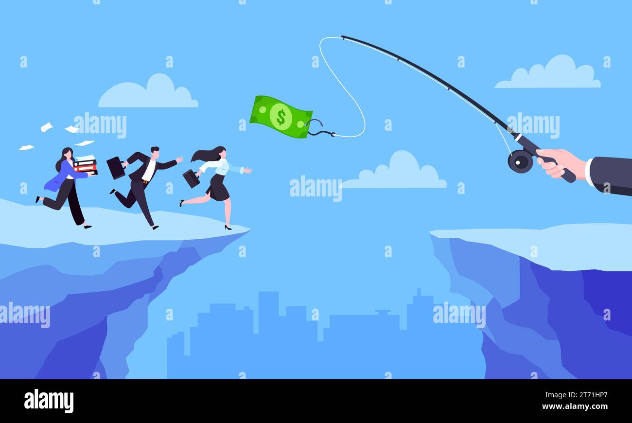 Fishing money chase business concept with people running after dangling dollar jumps over the cliff. Working hard and always busy in the loop routine Stock Vector