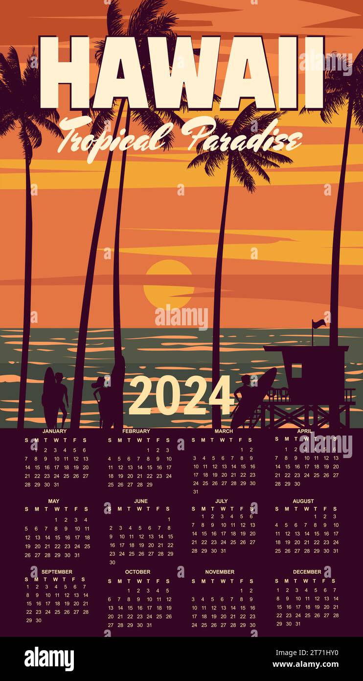 Calendar 2024 Hawaii vintage wall travel poster Stock Vector Image