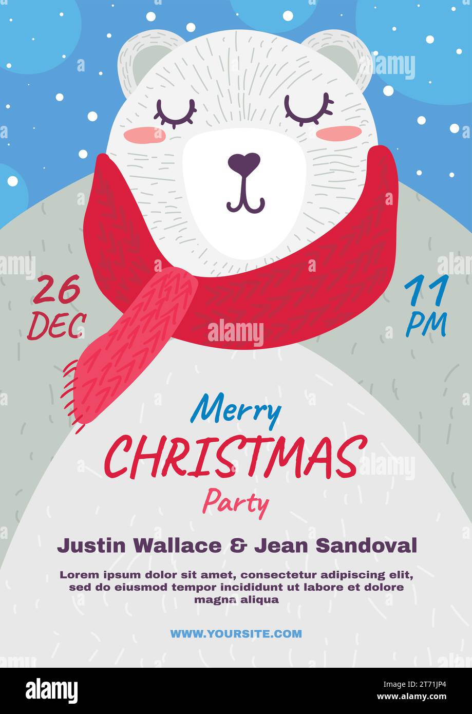 Vertical Merry Christmas A4 Holiday poster with arctic dreaming bear and festive tag. Template for printing, announcement poster for inviting guests t Stock Vector