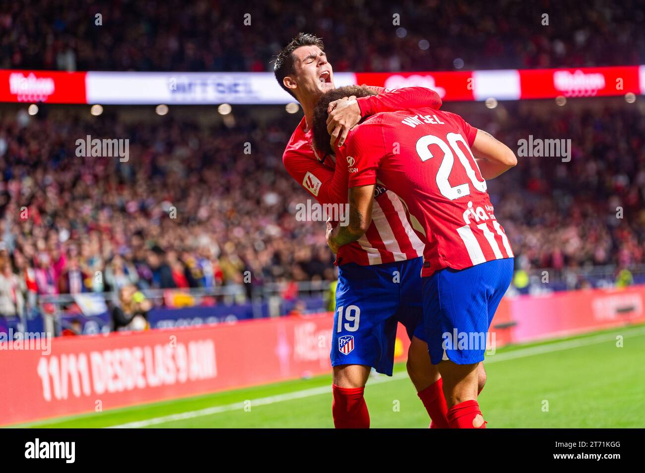 Madrid, Spain. 12th Nov, 2023. Axel Witsel (R) and Alvaro Morata (L) of Atletico Madrid seen celebrating a goal during the La Liga EA Sports 2022/23 football match between Atletico Madrid vs Villareal at Metropolitano stadium. Atletico Madrid 3:1 Villareal Credit: SOPA Images Limited/Alamy Live News Stock Photo