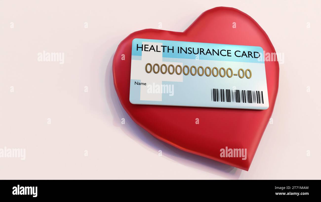 A 3D rendering of a red heart shape with a health insurance card on a white background. Stock Photo