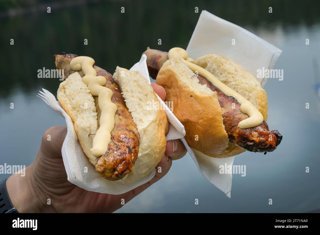 Thüringer Rostbratwürstchen im Brötchen mit Senf, Deutschland Stock ...