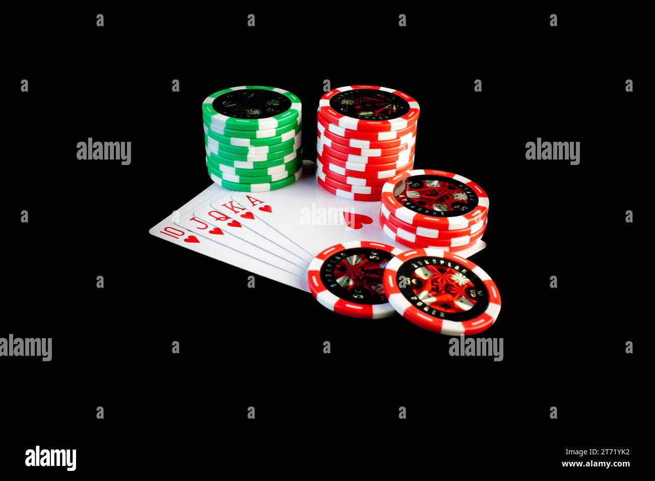 Poker chips stacked up on a winning hand; Poker chips stacked up on a