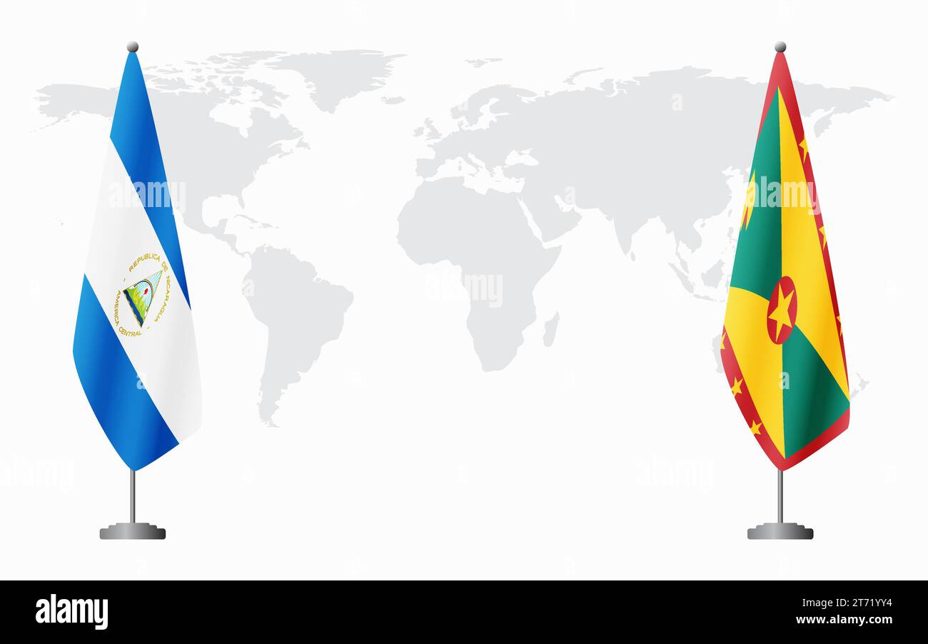 Nicaragua and Grenada flags for official meeting against background of world map. Stock Vector