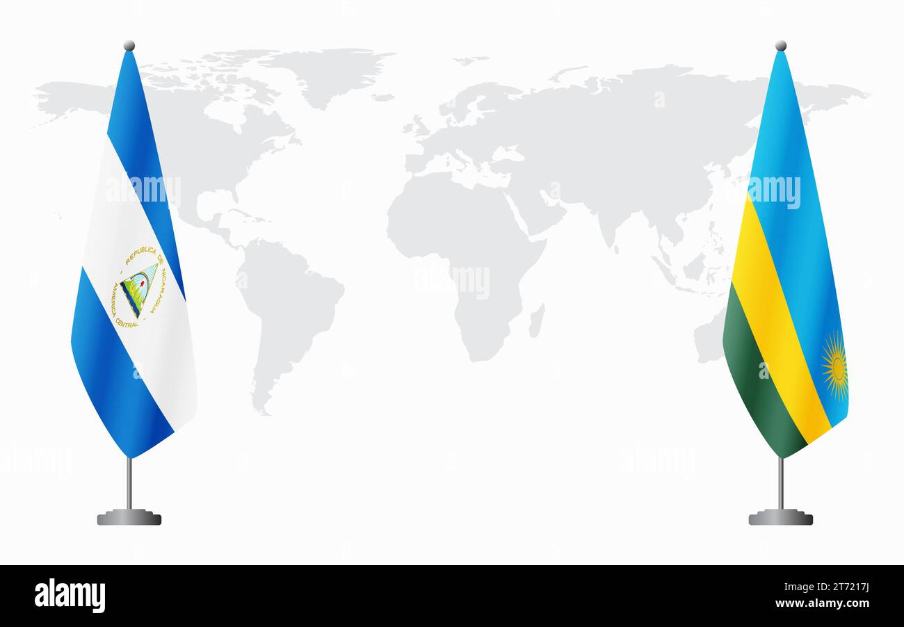 Nicaragua and Rwanda flags for official meeting against background of world map. Stock Vector
