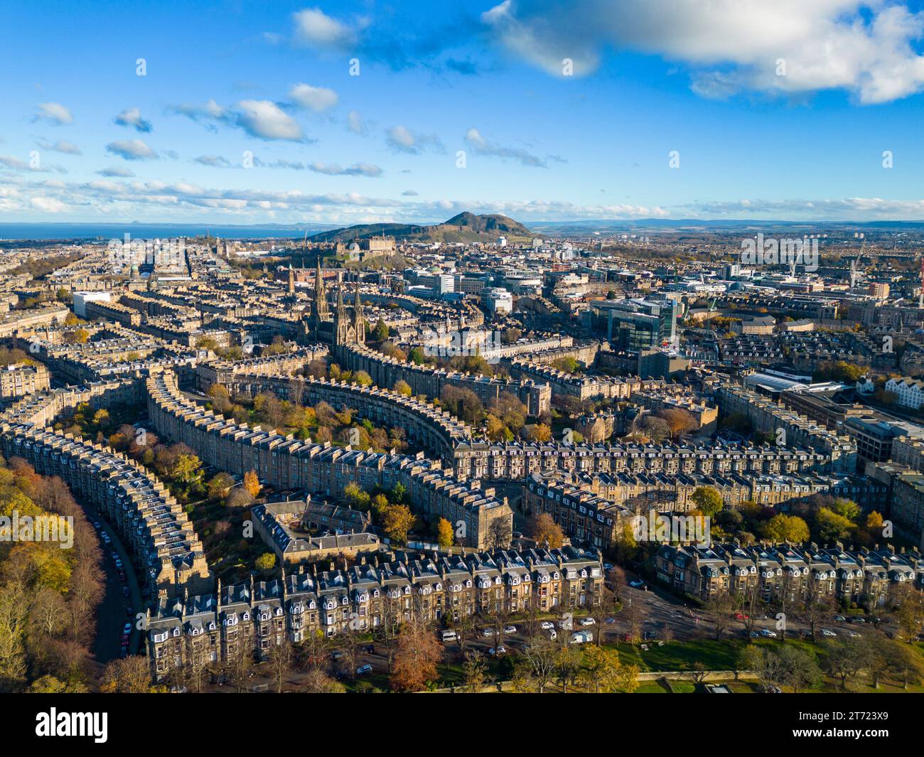 Aerial view in autumn of streets and housing in the West End of Edinburgh, Scotland, UK Stock Photo