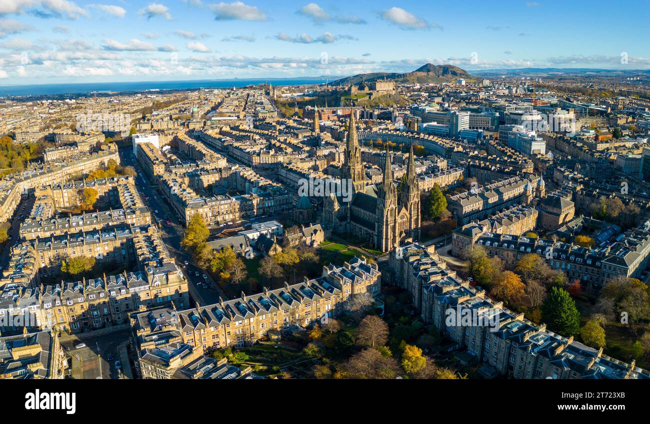Aerial view in autumn of streets and housing in the West End of Edinburgh, Scotland, UK Stock Photo