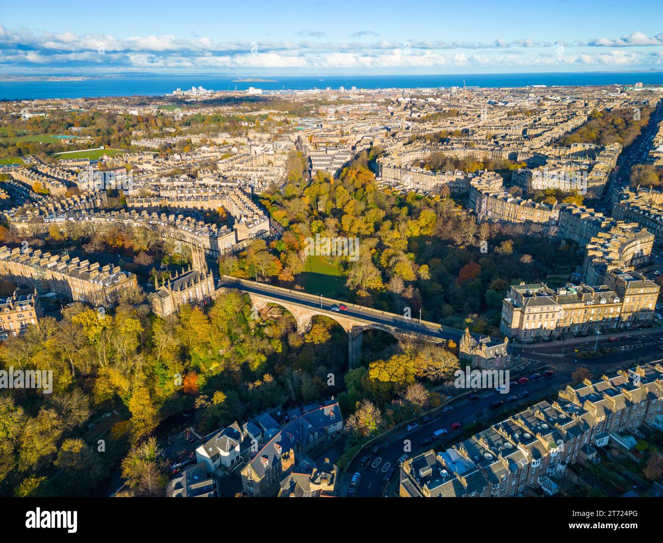 Aerial view in autumn of streets and housing in the West End of Edinburgh, Scotland, UK. Pic looking towards Dean Bridge across the Water of Leith in Stock Photo